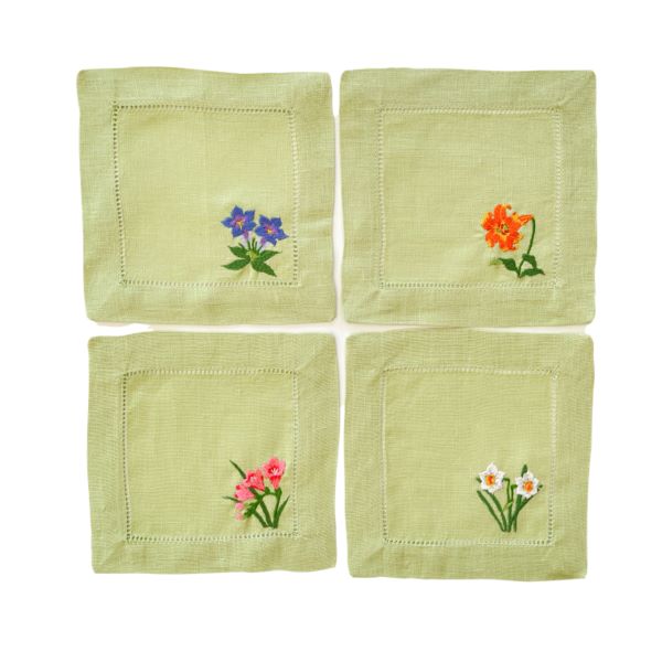 Linen Cocktail Napkin with Floral Embroidery